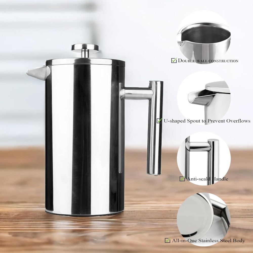 French Press Coffee & Tea - Cafetière à piston, en acier inoxydable